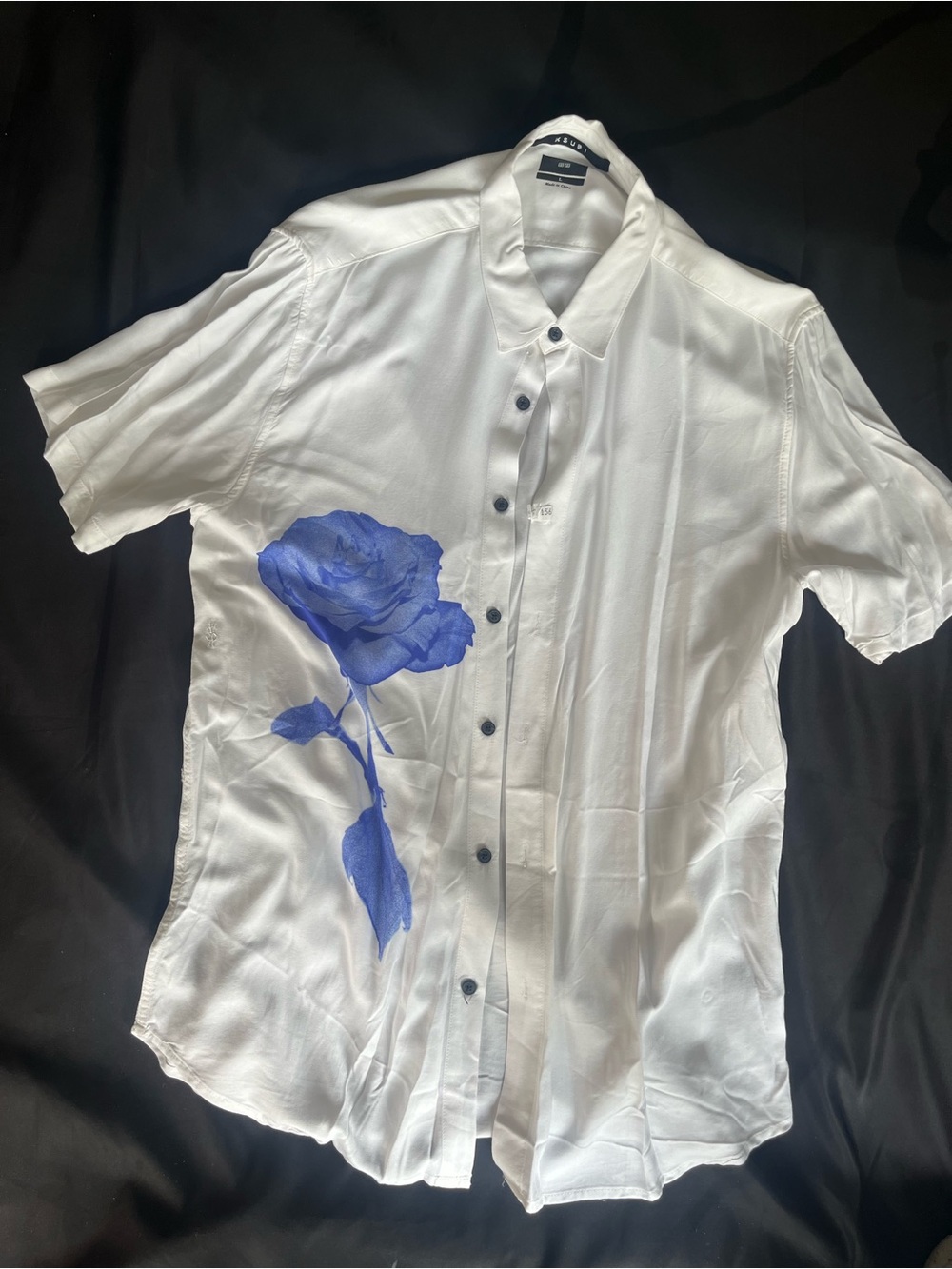 Ksubi White Short Sleeve Button-Down with Blue Rose Graphic